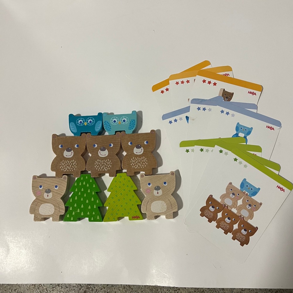 HABA Wooden Stacking Game Forest Friends Bears Owls Trees with Challenge Cards